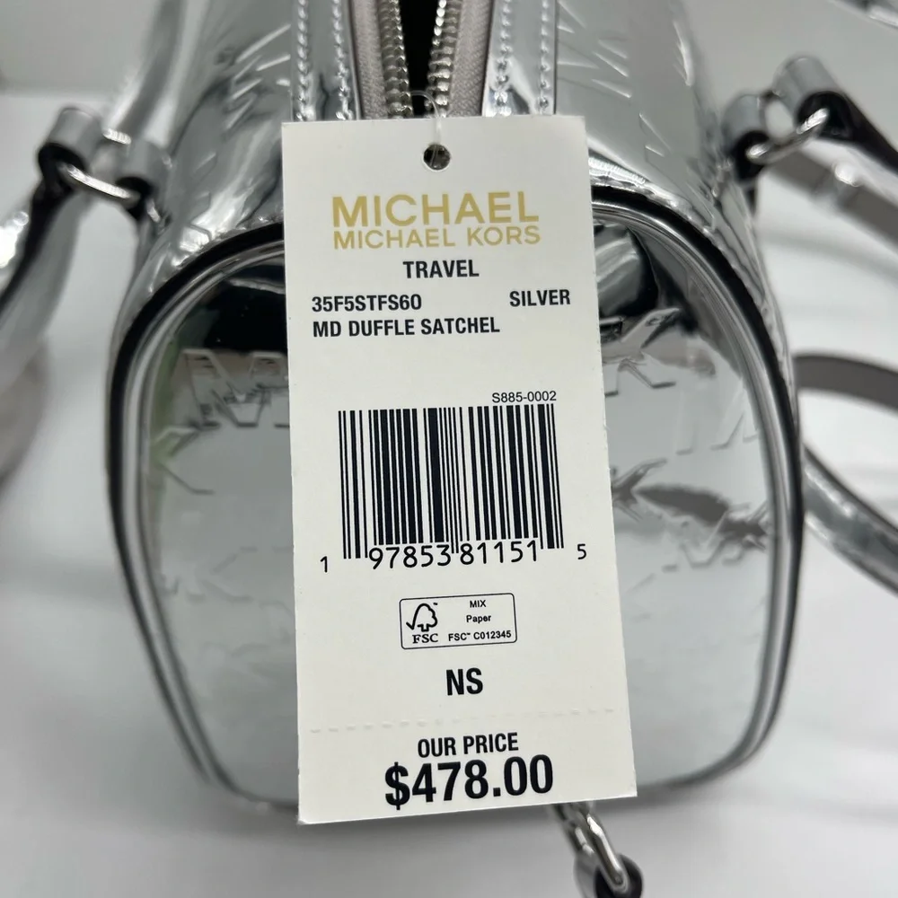 MICHAEL KORS Jet Set Medium Patent Logo Debossed Duffel Crossbody Bag Silver NWT